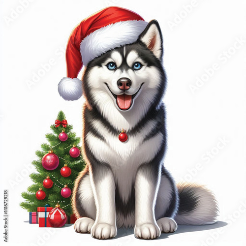 Cute Christmas Santa hat cartoon Siberian Husky dog vector illustration isolated