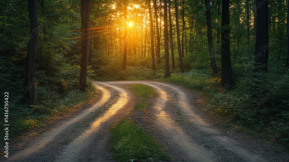 Fototapeta premium Sunset Forest Path: Golden Hour Light on Dirt Road