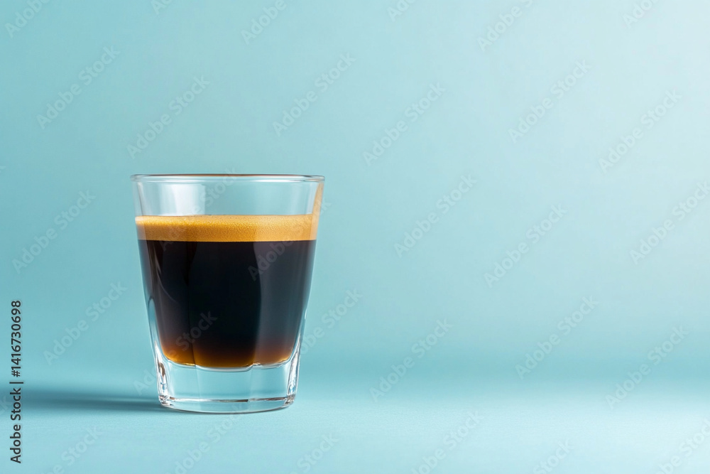 Espresso shot in a clear glass on a light blue background. Espresso shot in a clear glass on a light blue background.