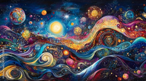 Vibrant Cosmic Landscape Painting with swirling Galaxies