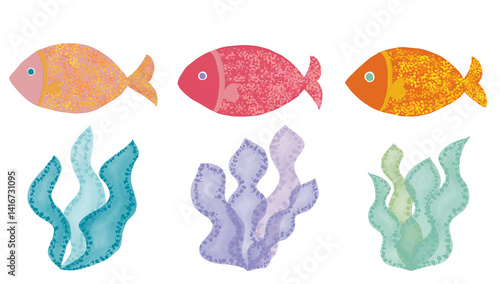 油彩ブラシで描いたカラフルな魚　水彩ブラシで描いた海藻のイラスト　グラフィック素材　夏素材　png　セット