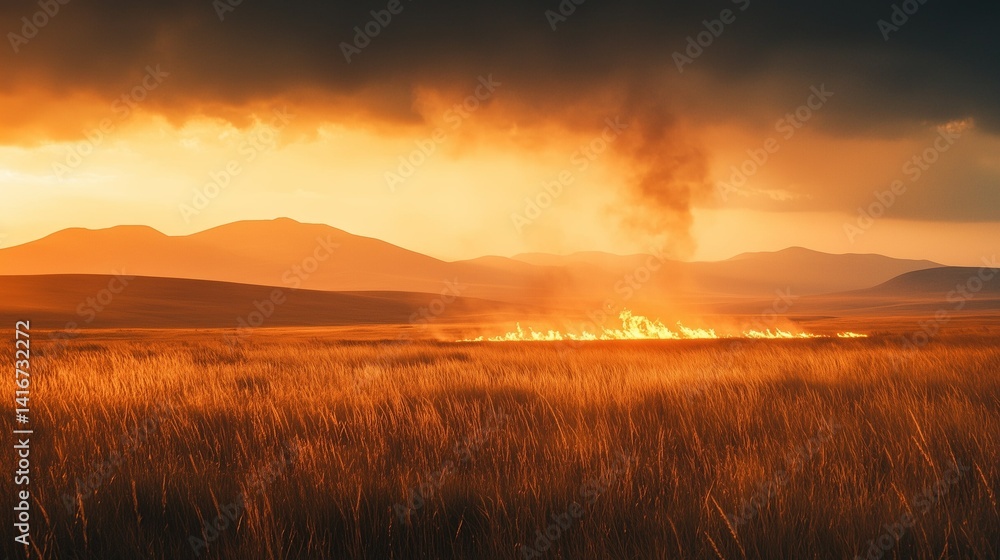 Fototapeta premium Wildfire burning in grassland during sunset with dramatic clouds 