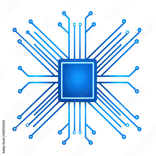 glowing blue microchip with intricate circuit lines radiating outward symbolizes advanced technology and connectivity. design highlights innovation and digital communication
