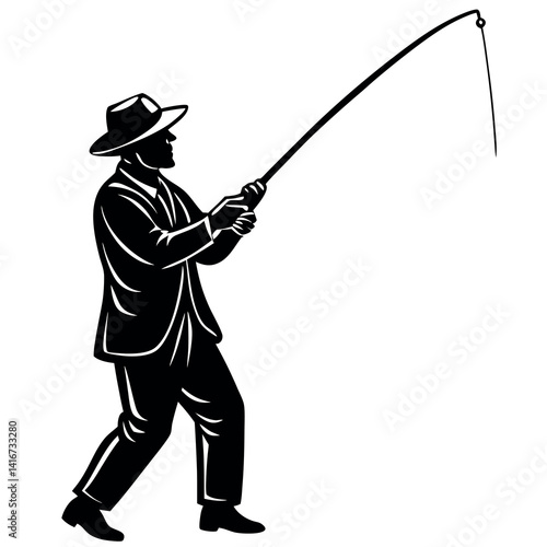 A fisherman-casting-a-fishing-rod-on-white-background.