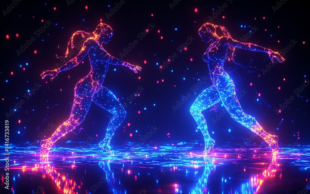 Fototapeta premium Two glowing female figures dance in a neon dreamscape. Digital art, abstract, futuristic.