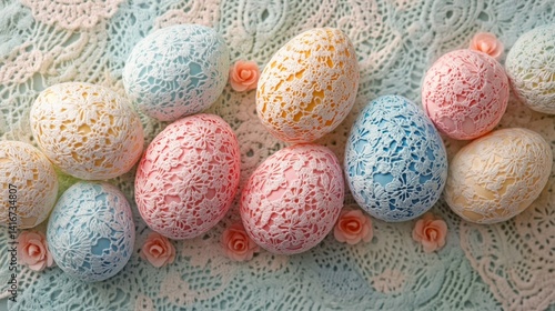 A row of eggs with lace designs on them are arranged on a blue