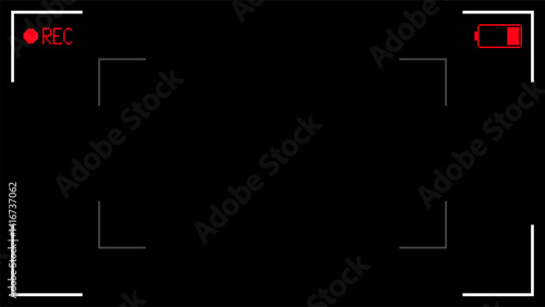 Camera viewfinder background with active REC and low battery. Pixel style illustration.