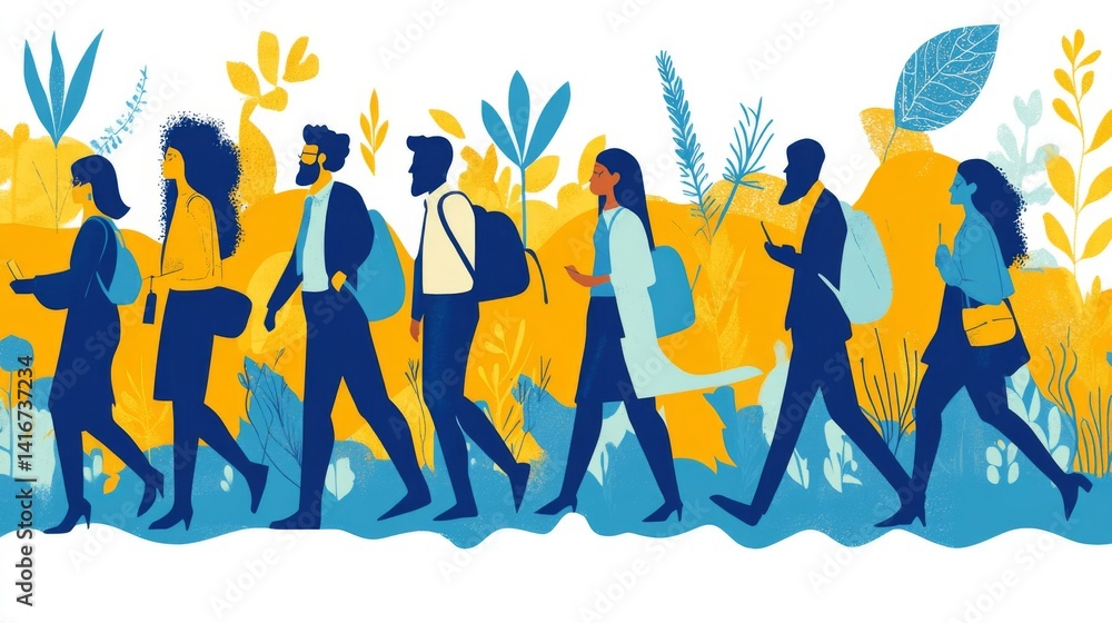 Obraz premium Diverse People Walking Together in Blue and Yellow Landscape