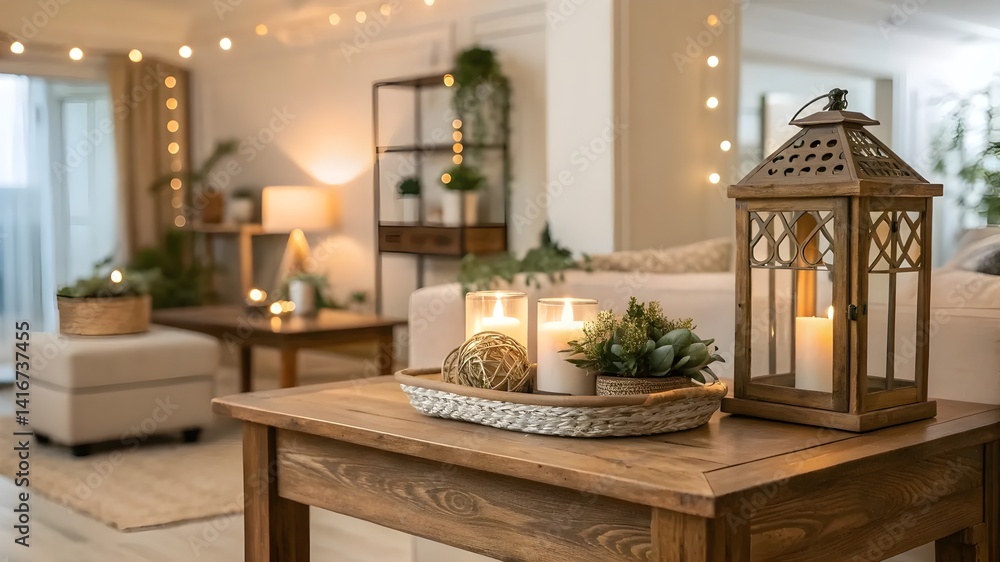 A cozy living room featuring a table adorned with candles and a lantern, creating a warm and inviting atmosphere A cozy living room featuring a table adorned with candles and a lantern, creating a warm and inviting atmosphere