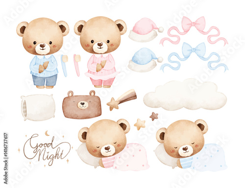 Watercolor Illustration Set of Cute Baby Bear and Nursery Elements