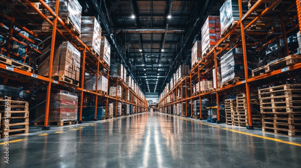 Symmetrical warehouse interior with steel structure and boxes