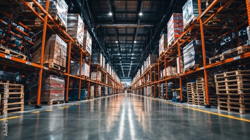 Obraz na płótnie Symmetrical warehouse interior with steel structure and boxes w salonie
