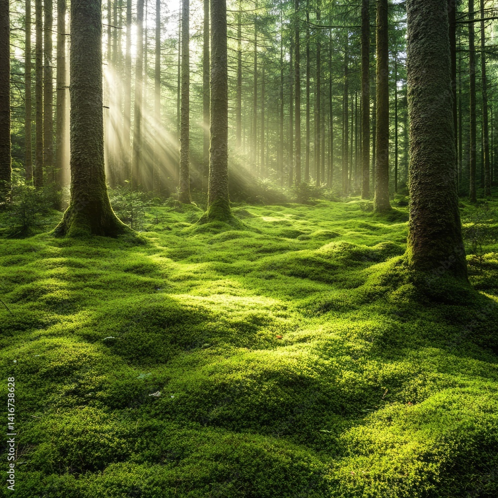 Fototapeta premium A vibrant forest floor covered in lush green moss, illuminated by soft sunlight filtering through the tall trees overhead