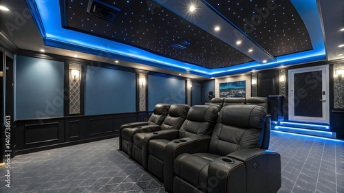 A stylish home theater illuminated with blue lights, showcasing comfortable reclining