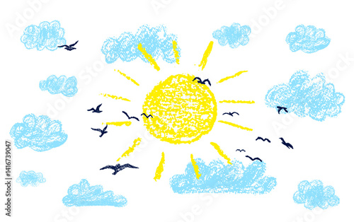 Bright sun with rays. Sunny sky and silhouette of a flock of birds. Colorful wax pencil kids drawing cloudy landscape. Vector naive and funny design element. Funky doodle for childish collage