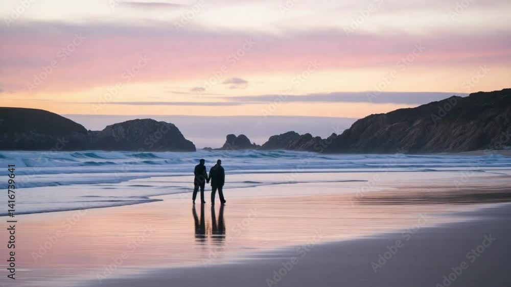 A couple strolls along a serene beach at sunset. A couple strolls along a serene beach at sunset.
