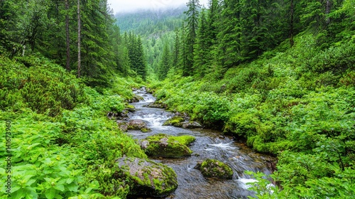 Lush green forest creek tranquil nature landscape photography background