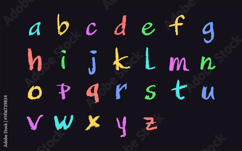Colorful English alphabet hand-drawn in a crayon. Lowercase color letters in chalk, pastel, or wax style. Highlighter effect on black board for kindergarten drawing and learning. Vector illustration