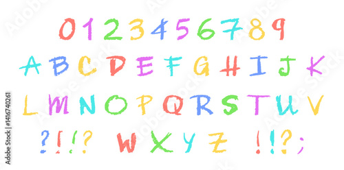 English alphabet and numbers 0-9, hand-drawn in colorful wax crayon or charcoal style on board. Highlighter effect, perfect for kindergarten drawing, learning and creative design. Vector illustration