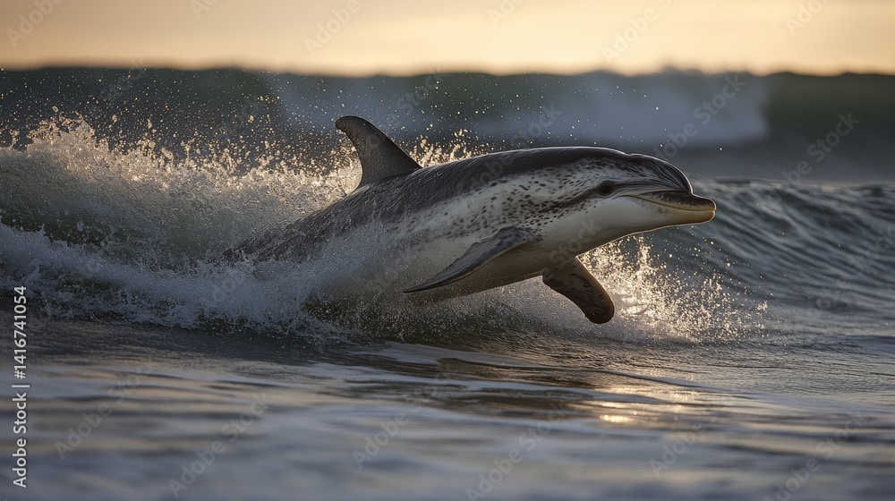 Fototapeta premium Dolphin leaping through the ocean wave at sunrise capturing aquatic grace and wild energy for animal lovers and travel destinations exploring marine life
