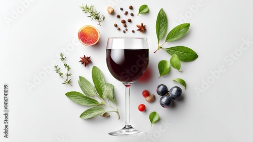 Fototapeta Naklejka Na Ścianę i Meble -  Glass of wine is surrounded by various fruits and herbs, creating a visually appealing and appetizing scene