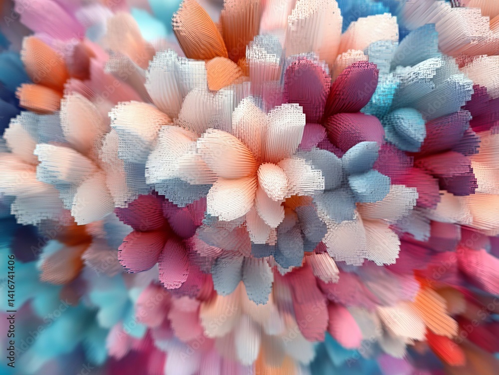 Obraz premium Abstract floral display bursting with life, boasting vibrant colors, creating a joyful artistic arrangement. It's a visual symphony of colors and shapes.