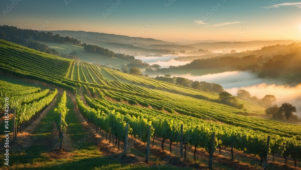 Green vineyard landscape rows at sunrise Green vineyard landscape rows at sunrise
