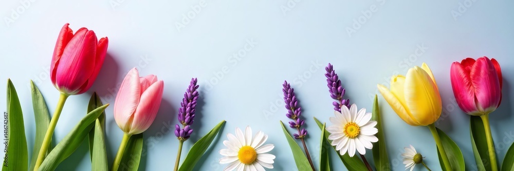 Spring tulips, daisies and lavender flat lay with copy space, nature, seasonal, arrangement Spring tulips, daisies and lavender flat lay with copy space, nature, seasonal, arrangement