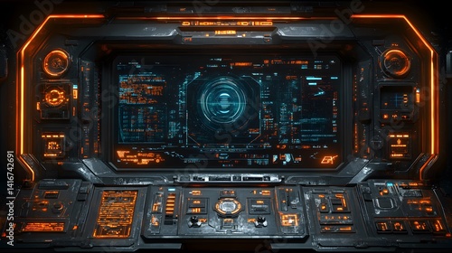 Fototapeta Naklejka Na Ścianę i Meble -  Futuristic spaceship cockpit console with glowing displays.
