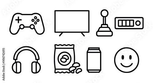 Retro gaming icons: controller, tv, joystick, health bar, headphones, snacks, can, smile.