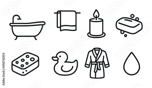 Bathtub and bath essentials illustrated icons set.