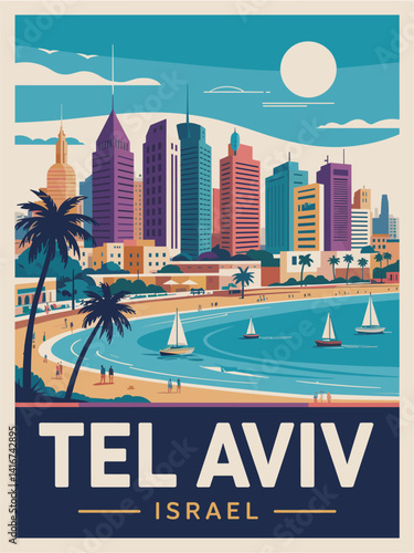Tel Aviv, Israel travel destination poster in retro style. Colorful vector art illustration