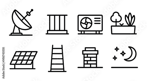 Minimalist icon set: satellite, architecture, air conditioning, gardening, solar panel, ladder, chimney, night sky.