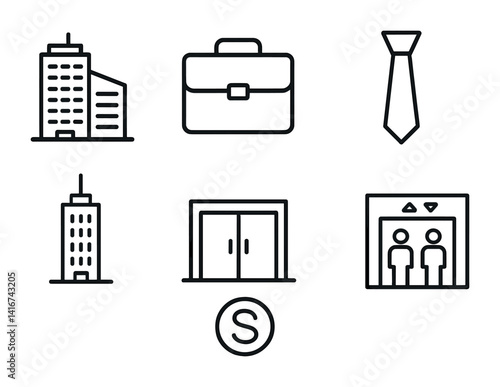 Minimalist business icons set featuring office building, briefcase, tie, and elevator.