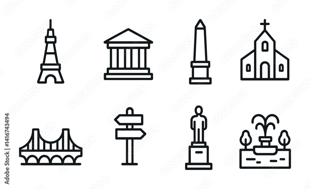 Icon set of landmarks and structures featuring tower, temple, obelisk, church, bridge, signpost, statue, fountain.