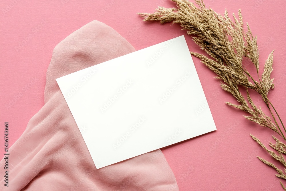 Delicate Minimalist Composition A Blank Card Adorned with Soft Fabric and Dried Flowers on Pink Delicate Minimalist Composition A Blank Card Adorned with Soft Fabric and Dried Flowers on Pink