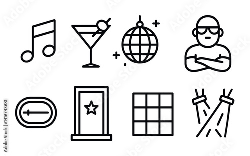 Nightlife icons: music note, martini, disco ball, bouncer, vip entrance.