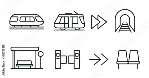 Public transportation icons: train, tram, tunnel, bus stop, turnstile, seating.