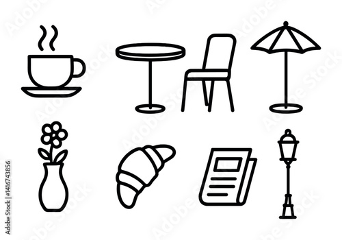 Outlined café icons: coffee, table, chair, umbrella, vase, croissant, newspaper, lamp.