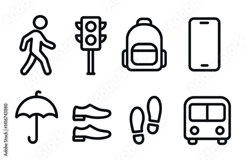 Outline icons: walking, traffic light, backpack, smartphone, umbrella, shoes, footprints, bus.