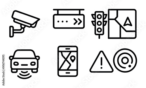 Smart city icons: surveillance, navigation, and traffic management symbols.