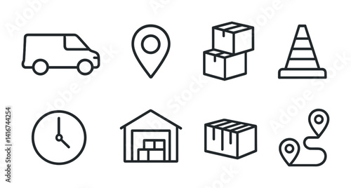 Logistics and delivery icons: van, location, boxes, cone, clock, warehouse, route.