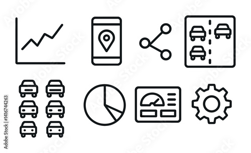 Car analytics and mobility technology icons with graphs and charts.