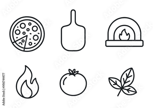 Pizza icons set showing ingredients and tools including oven, fire, tomato, and basil.
