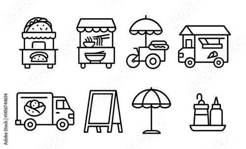 Outline icons of street food stalls and trucks with umbrellas and food items.