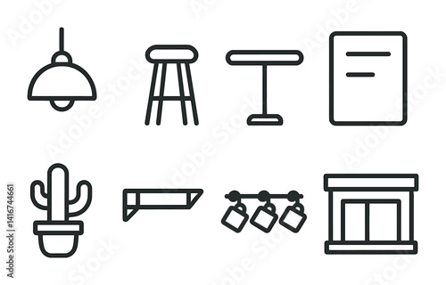 Minimalist home and garden icon set featuring furniture and decor elements.