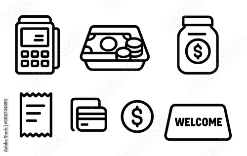 Icon set featuring payment terminal, cash, jar, receipt, card, dollar, welcome.