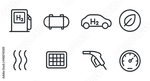 Hydrogen fuel icons set - h2 station, car, leaf, and gauge symbols.