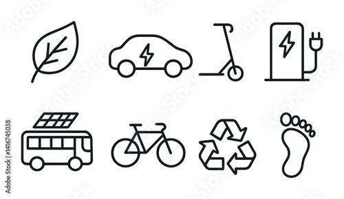 Sustainable transport icons featuring eco-friendly vehicles and renewable energy symbols.
