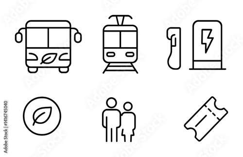 Eco-friendly transportation icons: bus, train, charging station, leaf, people, ticket.
